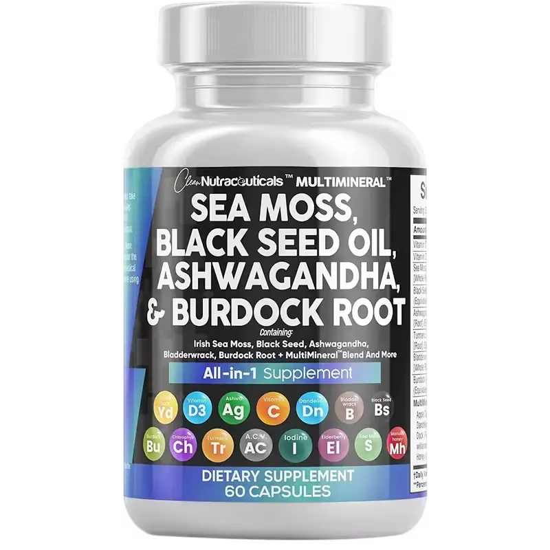 [CN-sea-60] Clean Nutraceuticals Multimineral: Sea Moss, Black Seed Oil, Ashwagandha y Burdock Root