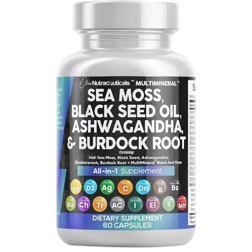 Producto Clean Nutraceuticals Clean Nutraceuticals Multimineral: Sea Moss, Black Seed Oil, Ashwagandha y Burdock Root